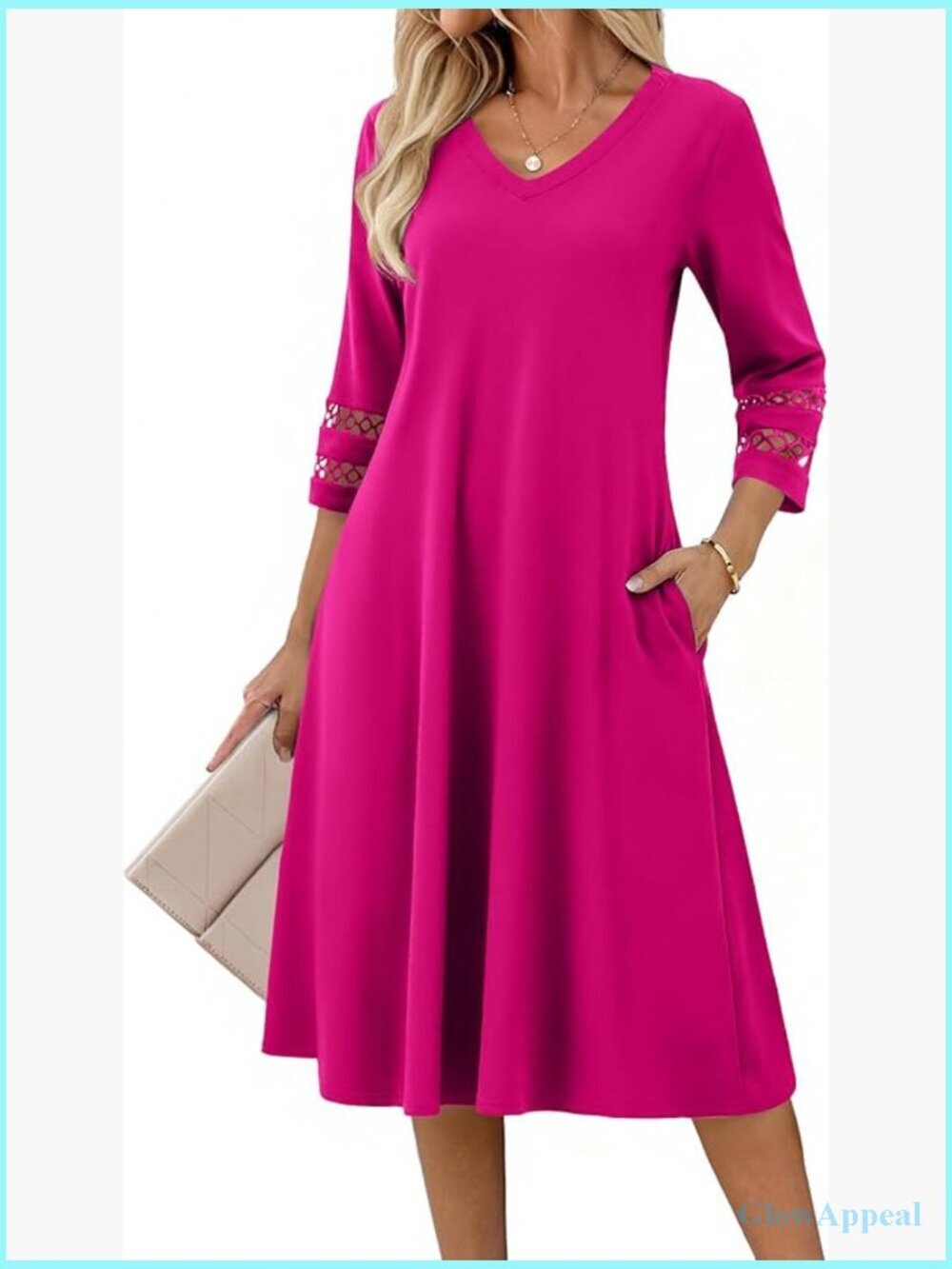 3/4 Sleeve Midi A-Line V-Neck Summer Casual Flowy Eyelet Dress